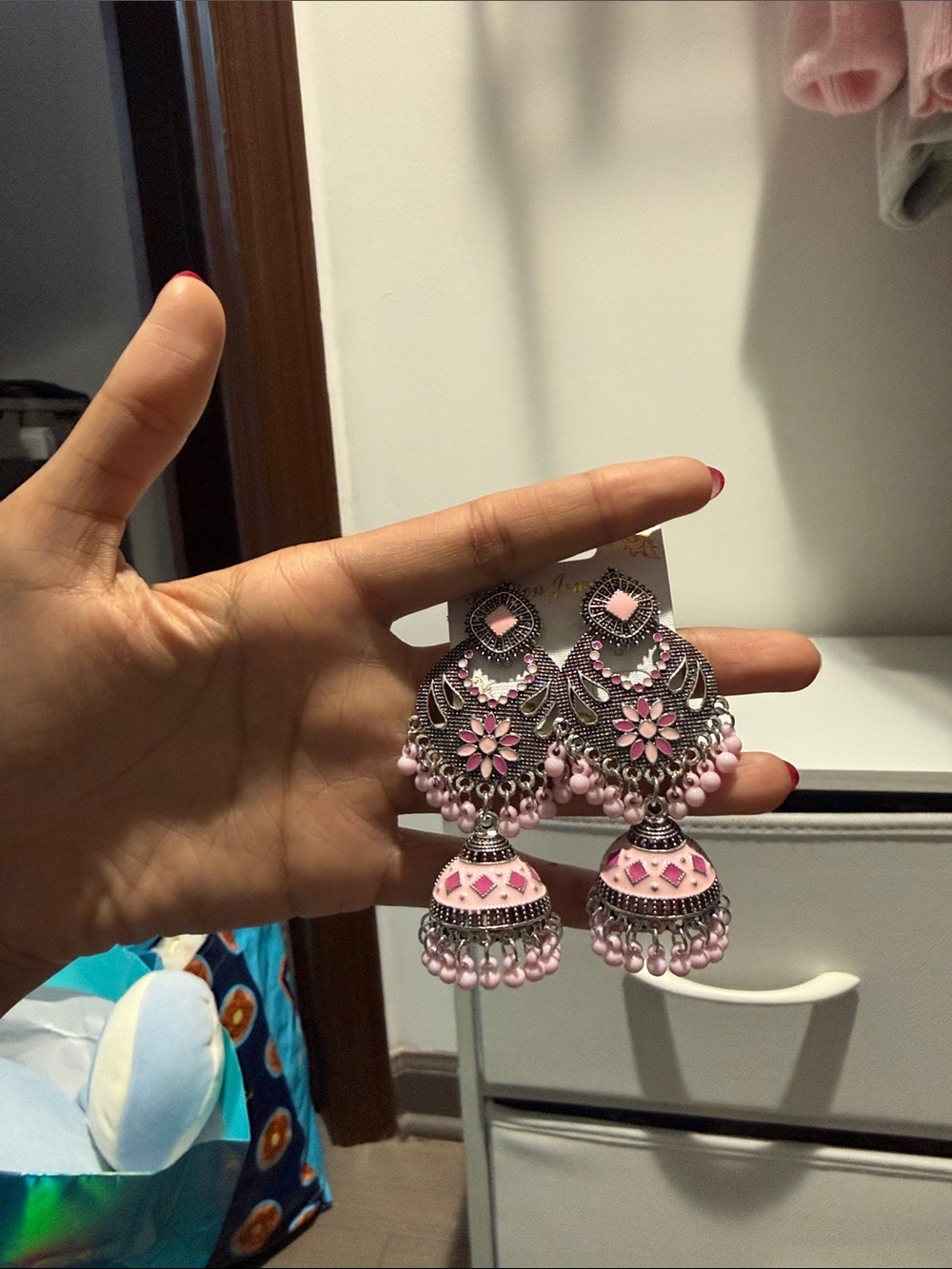 Pink Floral Enamel Jhumka Earrings - Women Jewelry